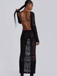 Vestido de verão mais vendido na Europa e nos EUA, novo, sexy, sem costas, oco, transparente, manga comprida, slim-fit, elegante e comprido de lã para mulheres