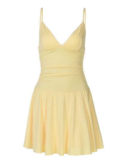 Vestido Slip Princess Short Slim de cor contínua Europeu e Americano 2026 Verão Sexy de Decote em V, Cor Liso Fresco Slim