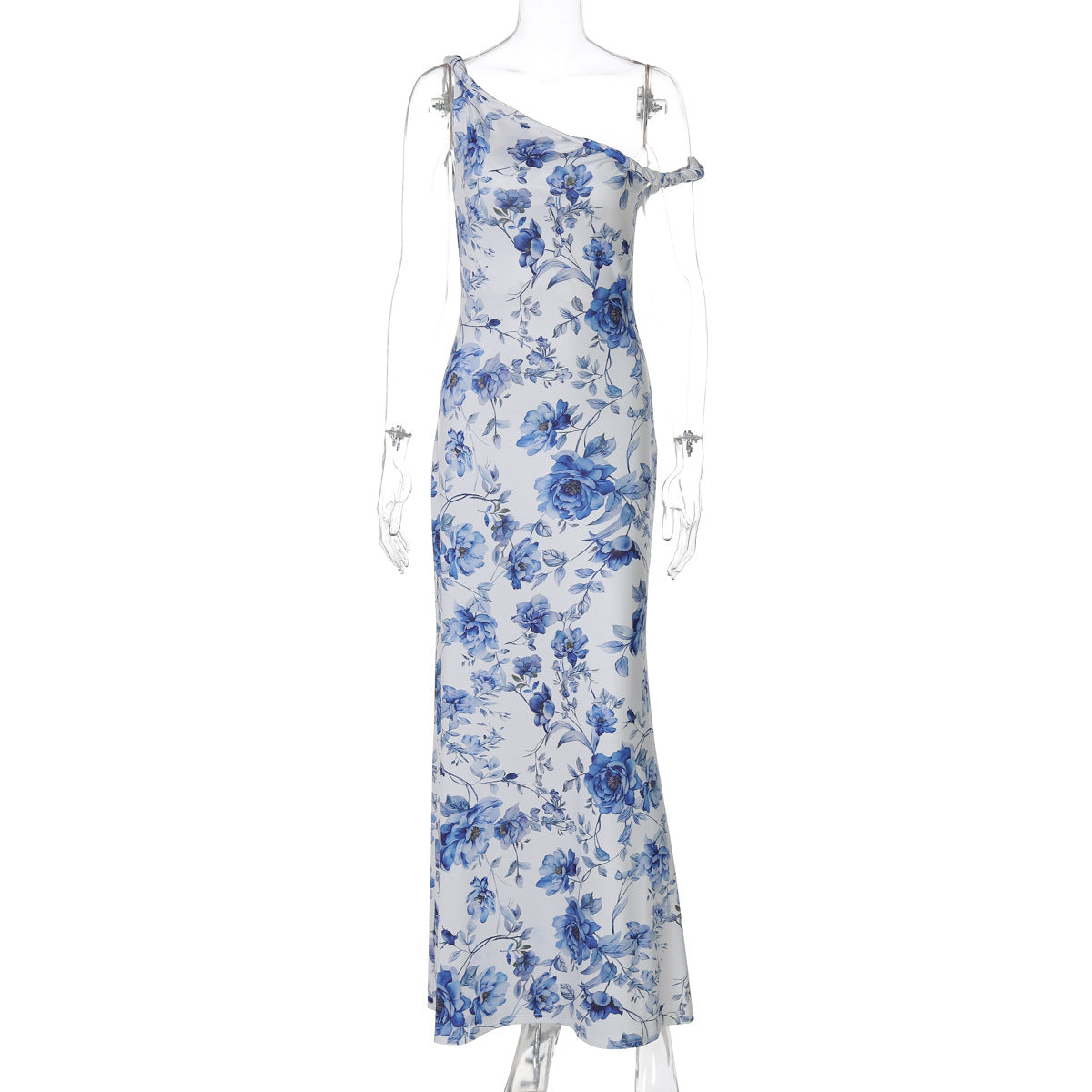 Vestido longo longo estampado com estampas florais femininas transfronteiriças da Amazon, com estampado de um ombro torcido, para exportação por grosso