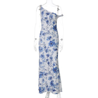 Vestido longo longo estampado com estampas florais femininas transfronteiriças da Amazon, com estampado de um ombro torcido, para exportação por grosso
