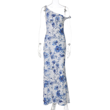 Vestido longo longo estampado com estampas florais femininas transfronteiriças da Amazon, com estampado de um ombro torcido, para exportação por grosso