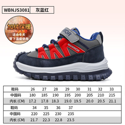 Sapatos infantis forrados a polar Warrior com blocos de cor, velcro versátil, sapatos desportivos casuais fáceis de colocar e tirar, sapatos de algodão alto portáteis e confortáveis