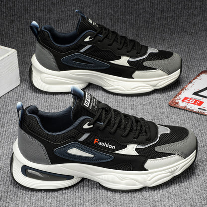 Novos ténis casuais casuais de rede de sol grosso com sola grossa e sola para aumento de altura para homens na primavera de 2025, sapatos de pai leves com sola macia