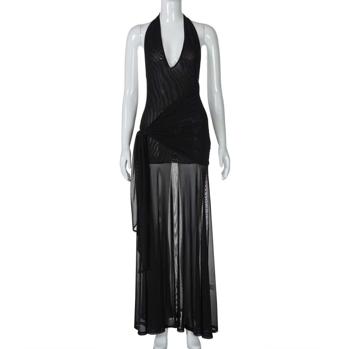 Moda feminina europeia e americana, vestido moderno oco em V profundo em retalhos, saia lateral com laço de cintura e laço para mulheres