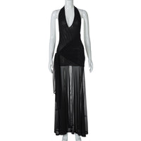Moda feminina europeia e americana, vestido moderno oco em V profundo em retalhos, saia lateral com laço de cintura e laço para mulheres