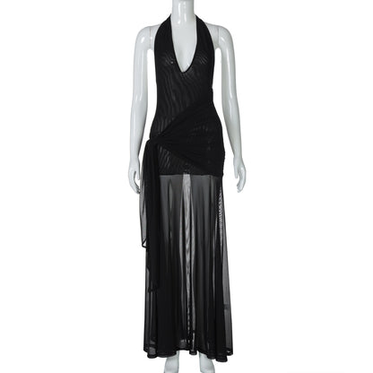 Moda feminina europeia e americana, vestido moderno oco em V profundo em retalhos, saia lateral com laço de cintura e laço para mulheres