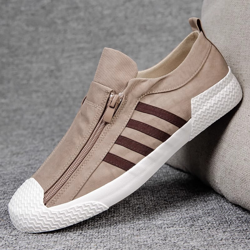 Sapatos masculinos: sapatos coreanos modernos de lona respirável de 2025, sapatos de tábua casuais versáteis, sapatos antigos de tecido de Pequim