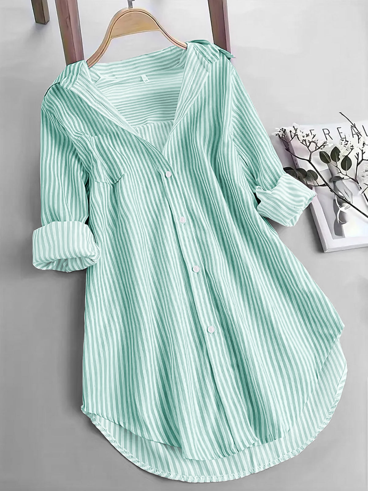 Nova exportação da Amazon, roupa feminina europeia e americana, camisa clássica às riscas, camisa casual larga de manga comprida com riscas