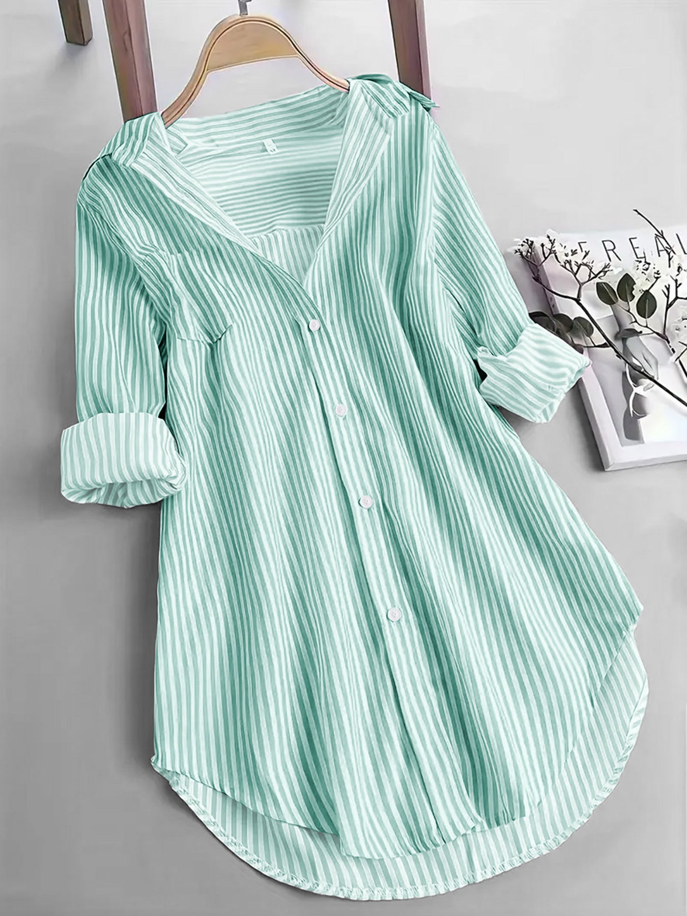 Nova exportação da Amazon, roupa feminina europeia e americana, camisa clássica às riscas, camisa casual larga de manga comprida com riscas