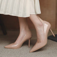 Saltos altos nude, saltos agulha, sapatos franceses de verniz primavera/outono 2024 com biqueira pontiaguda e corte raso, versáteis, estilo profissional simples para mulher
