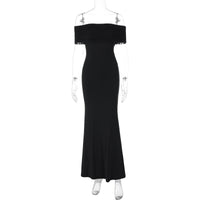 Novo vestido feminino elegante de palanquim de ombros descobertos, de ombros descobertos, transfronteiriço europeu e americano de verão 2025, longo e slim-fit