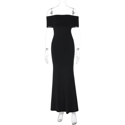 Novo vestido feminino elegante de palanquim de ombros descobertos, de ombros descobertos, transfronteiriço europeu e americano de verão 2025, longo e slim-fit