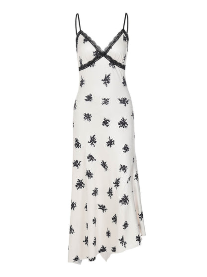 Vestido de moda francês sexy, europeu e americano, com borda em renda, decote em V, estampado em V, ajustado e ajustado para mulheres