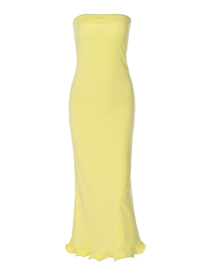 Vestido feminino novo, bestseller transfronteiriço da Amazon, de cor sólida, sexy, sem alças, longo, tirantes longos, saia longa e ondulada larga e com borda