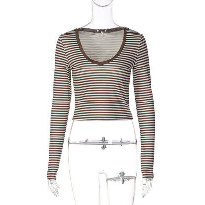 Estilo europeu e americano INS, estilo transfronteiriço e vendas de novas modas, rapariga às riscas de manga longa picante, camisetas curtas versáteis, slim tops versáteis, dropshipping