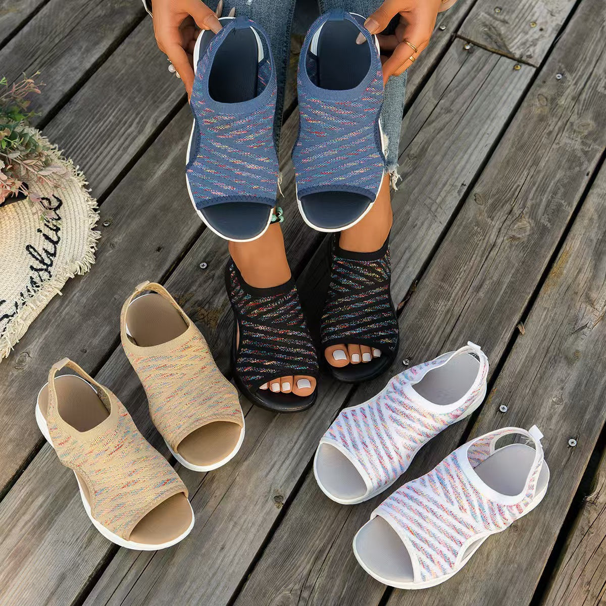 25 Summer New Foreign Trade Plus Size Cross-fronteriço Moda Europeia e Americana Sandálias Flyknit Amazon Flyknit Outside-Fishmouth