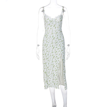 Vestido Feminino de Moda Europeia e Americana 2026 Verão Quente, Pequeno Vestido Floral Split Slit Strap Amazon Comércio Exterior Roupa Feminina por Grosso