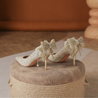 Vestido de noiva Xiuhe, lantejoulas de cristal nupcial, presente de amadurecimento, laço de corrente de pérolas, saltos altos femininos, sapatos de noiva