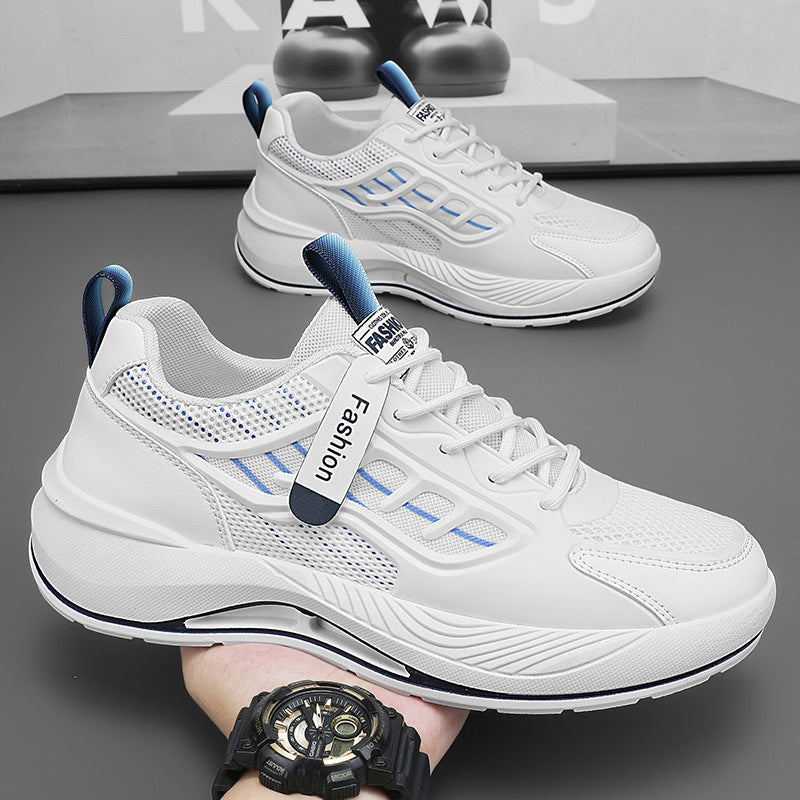 Novos sapatos brancos de malha respiráveis para o verão masculino, ténis versáteis de sola grossa e modernos, sapatos casuais de pai