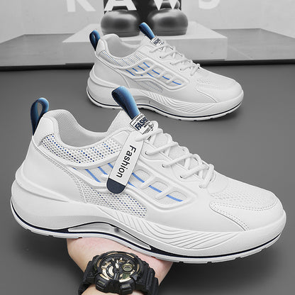 Novos sapatos brancos de malha respiráveis para o verão masculino, ténis versáteis de sola grossa e modernos, sapatos casuais de pai