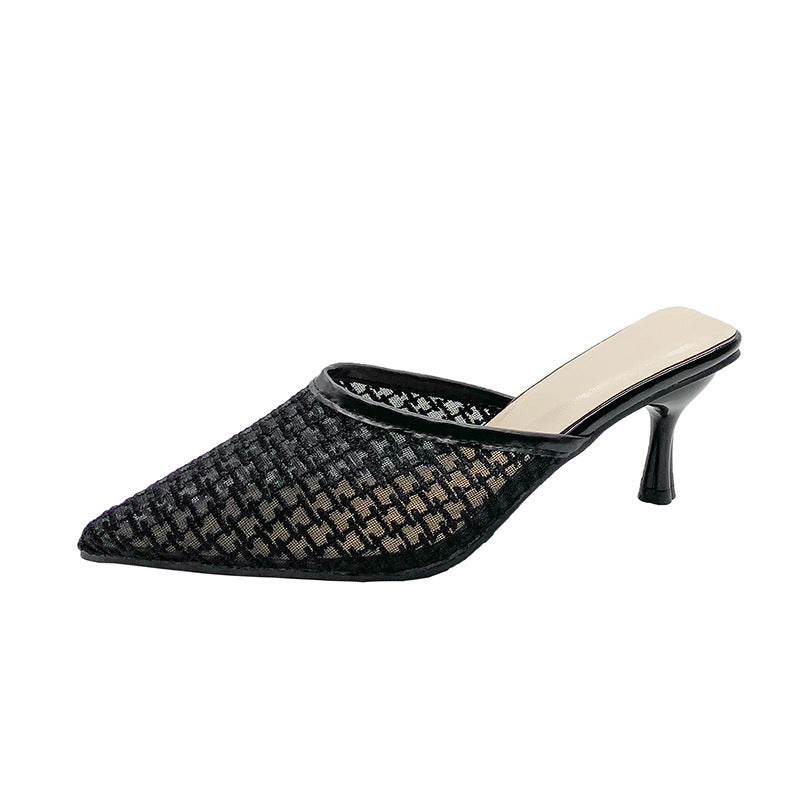 Verão 2025 Roupa Exterior Feminina de Bico Fechado e Meio Slip: Sandálias de Salto Alto Retro Stiletto, Sapatos de Bico Pontiagudo Estilo Fada