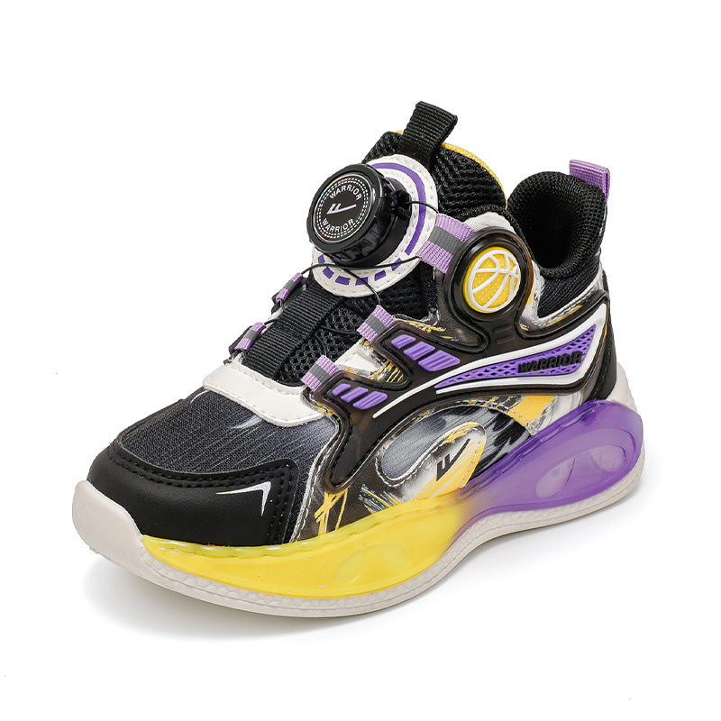 Ténis infantis de basquetebol de basquetebol Warrior color-block, puxador respirável, fácil de colocar e tirar, sapatos infantis, ténis escolares unissexo de sola grossa