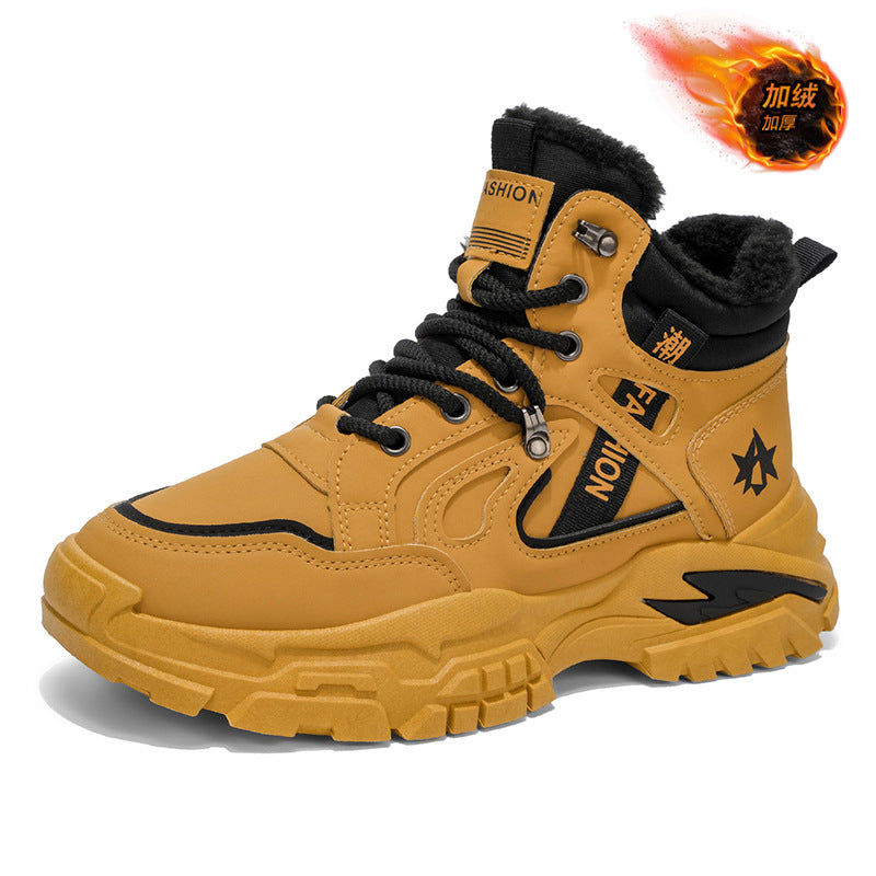 Botas Martin 2025 sapatos de inverno masculinos novos, forrado a fleece espesso, roupa de trabalho alta, botas amarelas grandes, botas de frio masculino