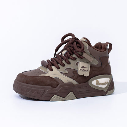 Sapatos de tabuleiro Warrior de topo alto e sola grossa confortáveis, sapatos de algodão forrados a lã alta com cadarços de cor e aspeto alto, estudantes, sapatos quentes diários