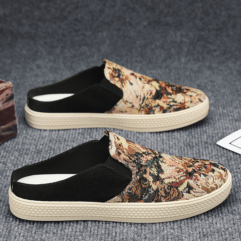 Sapatos masculinos de lona, sapatos casuais casuais respiráveis de um passo e modernos da primavera, sapatos de salto meia-drop masculinos na moda