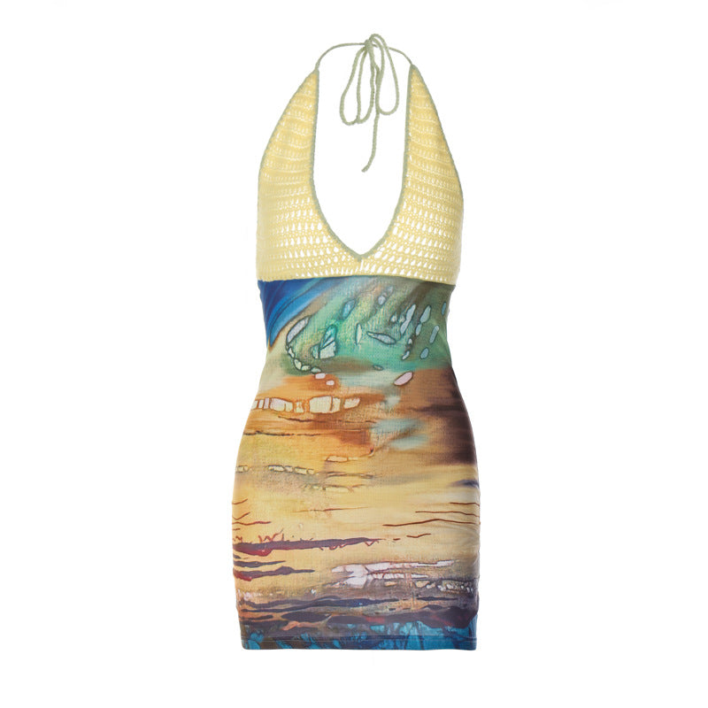 Comércio Externo Europeu e Americano 2026 Verão 2026 Novo vestido sexy de retalhos estampados em tricô com decote halter profundo em V e decote justo à anca para mulheres