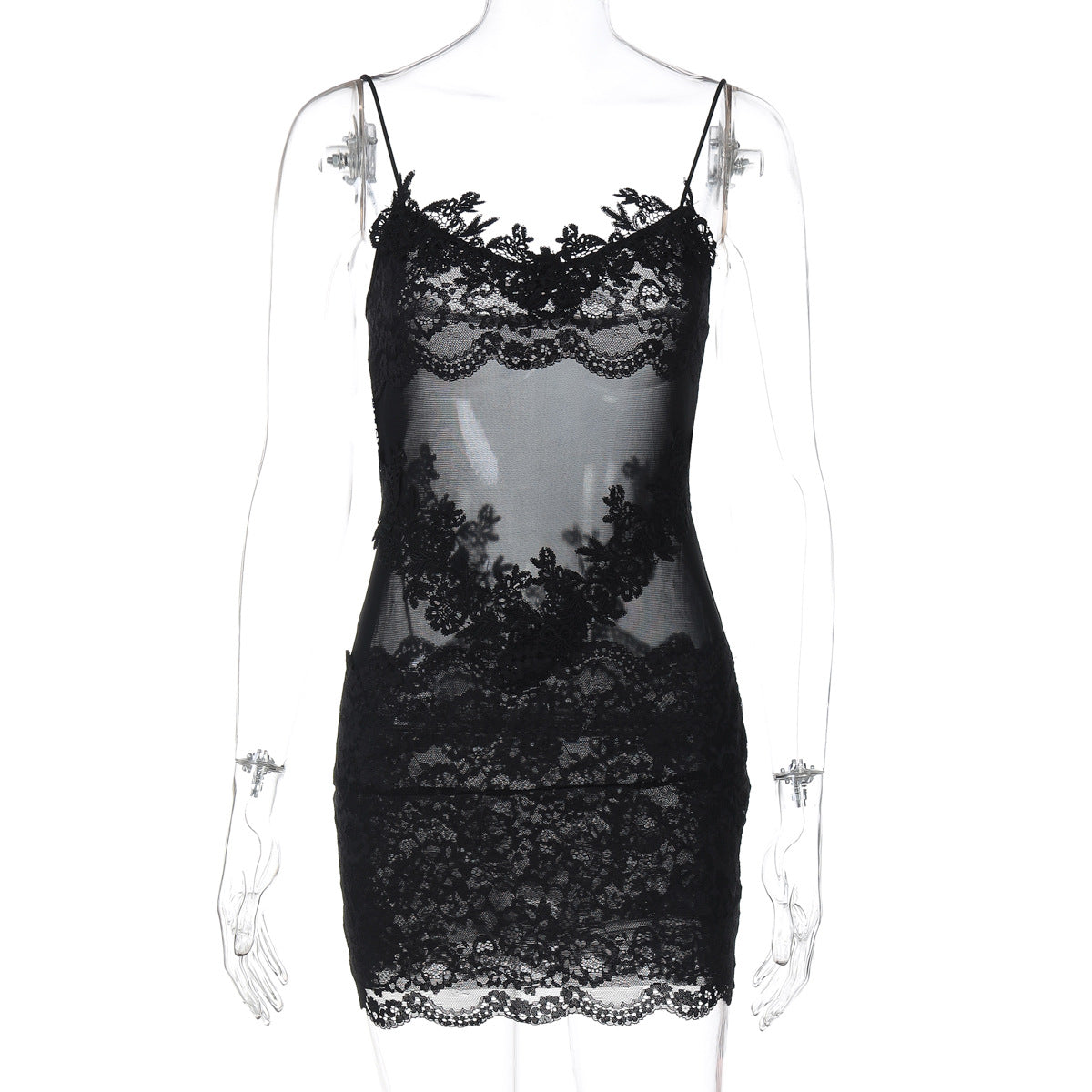Moda INS europeia e americana, novo vestido sexy e picante de rapariga, renda transparente, justo ao corpo, renda ajustada às ancas para mulheres