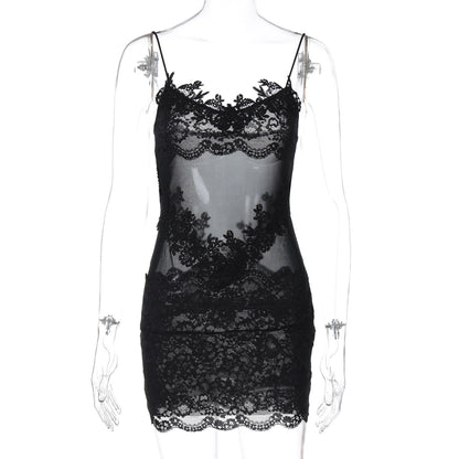 Moda INS europeia e americana, novo vestido sexy e picante de rapariga, renda transparente, justo ao corpo, renda ajustada às ancas para mulheres