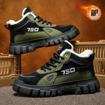 Sapatos de caminhada de trabalho de cabo alto forrados a polar de inverno 2025, botas desportivas de algodão de neve resistentes ao desgaste masculino