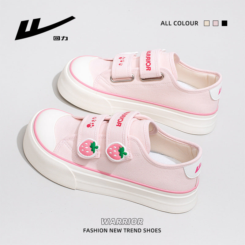 Ténis Warrior Velcro de sola grossa, sapatos juvenis, energéticos, confortáveis, de estudante, fofos e favorecedores, pequenos sapatos de cabeça grande cor-de-rosa morango para mulheres