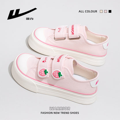 Ténis Warrior Velcro de sola grossa, sapatos juvenis, energéticos, confortáveis, de estudante, fofos e favorecedores, pequenos sapatos de cabeça grande cor-de-rosa morango para mulheres