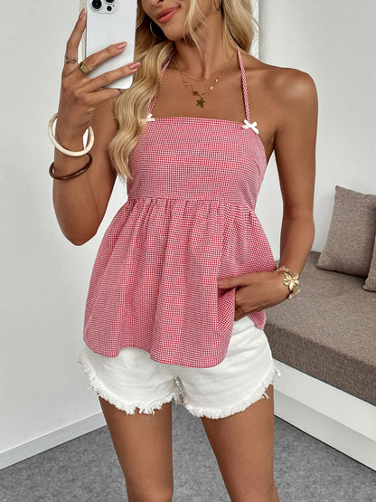 2025 Comércio Externo Transfronteiriço TikTok Summer Seller: Camisola de gola halter com alça esparguete aos quadrados fresca e doce para mulheres