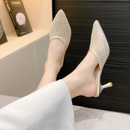 Verão 2025 Roupa Exterior Feminina de Bico Fechado e Meio Slip: Sandálias de Salto Alto Retro Stiletto, Sapatos de Bico Pontiagudo Estilo Fada