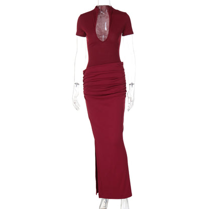 Verão 2026 Novo Vestido Feminino Sexy Deep V, Manga Curta em V Profundo, Cor Sólida, Estilo Rapariga Atraente, Vestido Comprido Plissado de uma só peça dropshipping