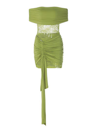 Vestido de renda bestseller europeu e americano, patchwork sexy sem alças com ombros descobertos, saia curta transparente com alças justas para mulheres