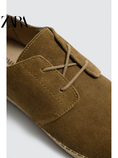Sapatos masculinos ZARA Primavera/Verão 2026, acabamento em camurça, bico redondo, modelo Derby, código 2455720 700