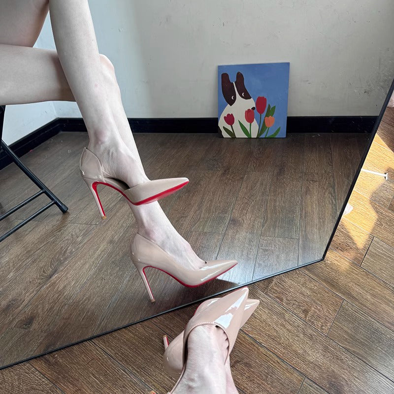 Salto alto nude para mulheres 2025 Novo Primavera e Outono com bico pontiagudo Saltos finos Corte lateral em couro envernizado Socialite elegante Sola vermelha Sapatos profissionais
