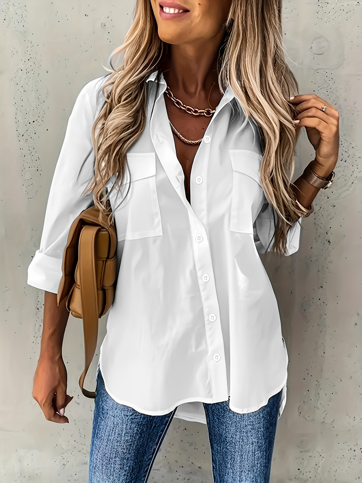 Nova camisa feminina feminina europeia e americana 2024 versátil de bolso, bolso solto, manga longa e gola virada para baixo