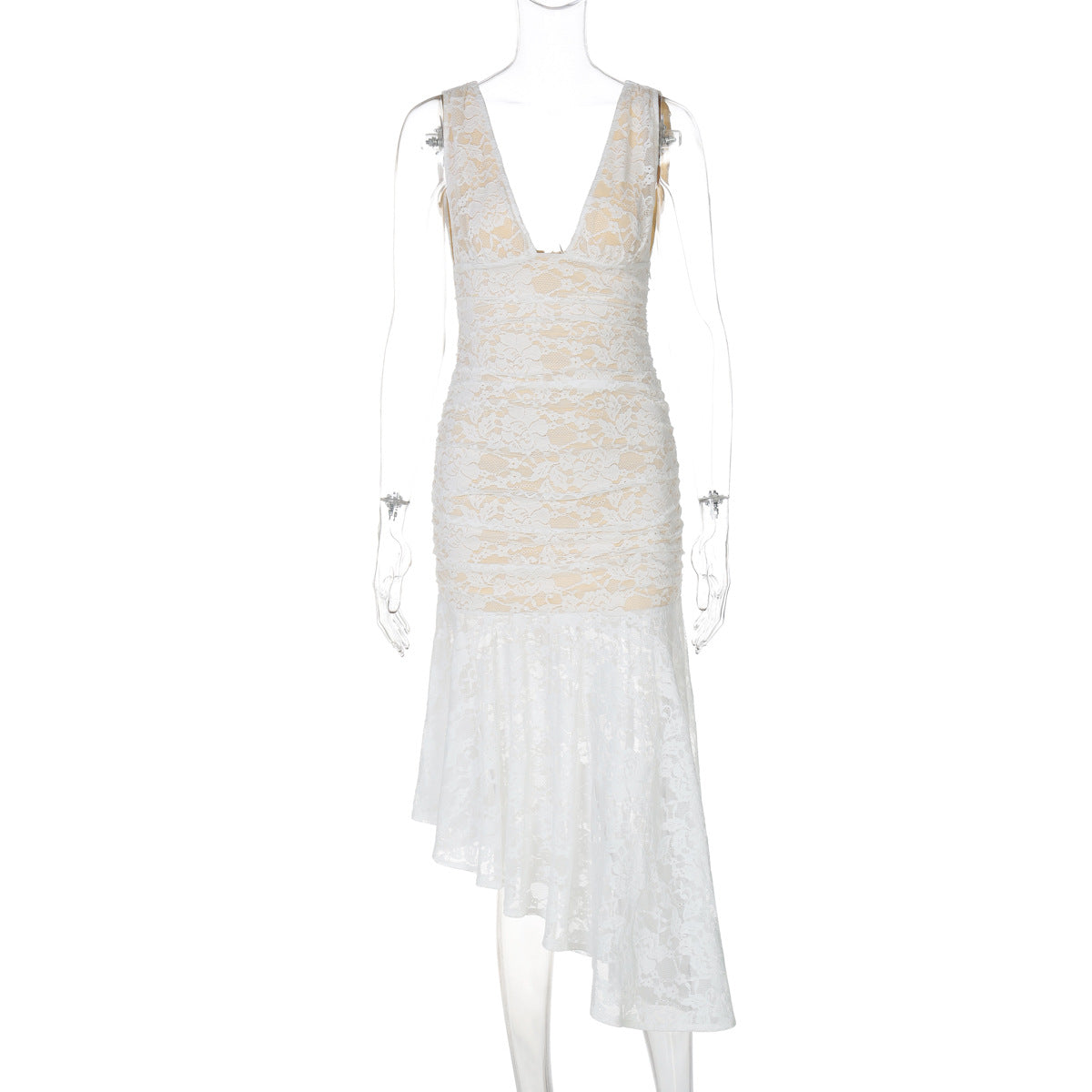Vestido feminino feminino transfronteiriço de verão europeu e americano, sexy deep V sem costas, bainha fina de renda, elegante estilo maduro dropshipping