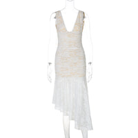 Vestido feminino feminino transfronteiriço de verão europeu e americano, sexy deep V sem costas, bainha fina de renda, elegante estilo maduro dropshipping