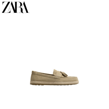 ZARA 2026 Verão Novo Sapatos Masculinos com Bordado de Penas, Mocassins Casuais de Couro Estilo Náutico 2651720 002