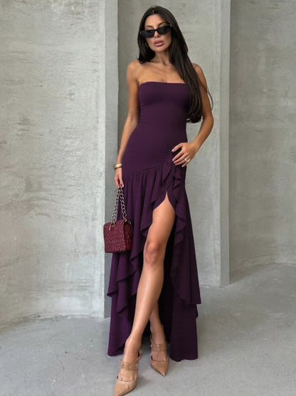 Amazon Novo vestido comprido maduro, sem alças, sem alças, de cor sólida, sexy e com folhos da Amazon, europeu e americano
