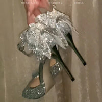 Primavera/Outono 2025 Novos Laços de Salto Alto de Diamante de Prata em Cristal para Mulher, Sapatos de Casamento Francês de Stiletto de Alta Qualidade para As Damas de Honor