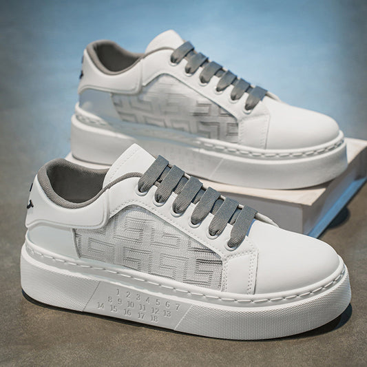Novos sapatos brancos ocos e respiráveis para o verão masculino, ténis desportivos casuais modernos e versáteis de sola grossa para estudantes