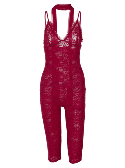 Um novo macacão sexy sexy de renda apertada em renda sem costas para mulheres com fita de cinco quartos