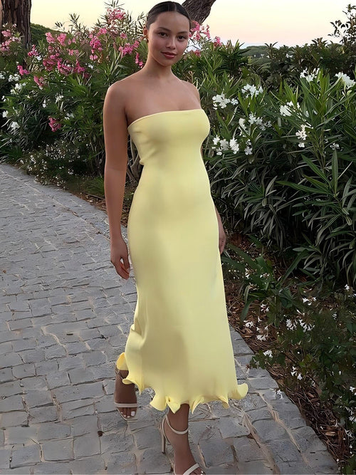 Vestido feminino novo, bestseller transfronteiriço da Amazon, de cor sólida, sexy, sem alças, longo, tirantes longos, saia longa e ondulada larga e com borda